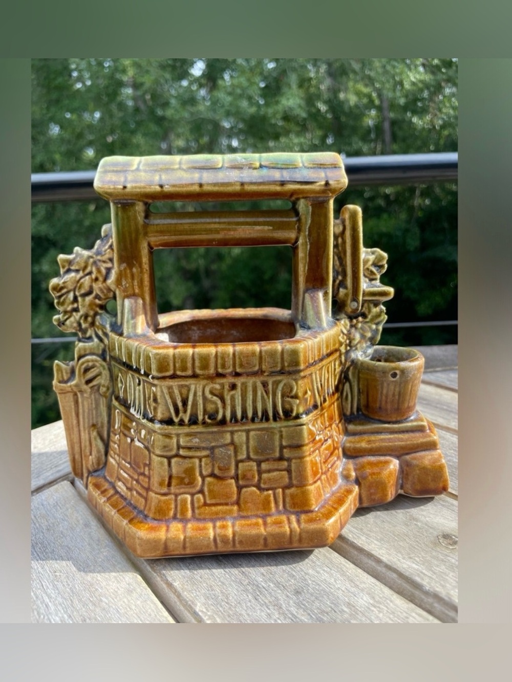 Vintage McCoy Pottery Wishing Well Planter Brown Green Drip Glaze USA
